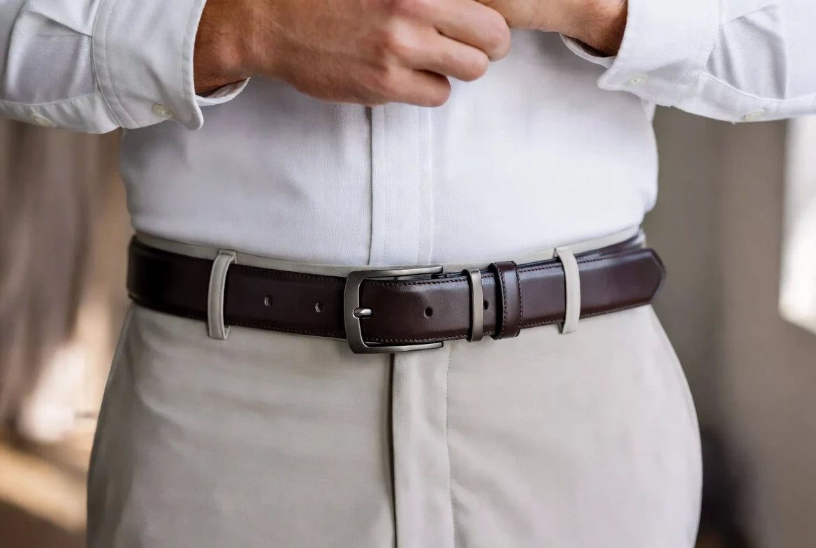 Men's leather belt sitting correctly with centered buckle and clean waistline balance
