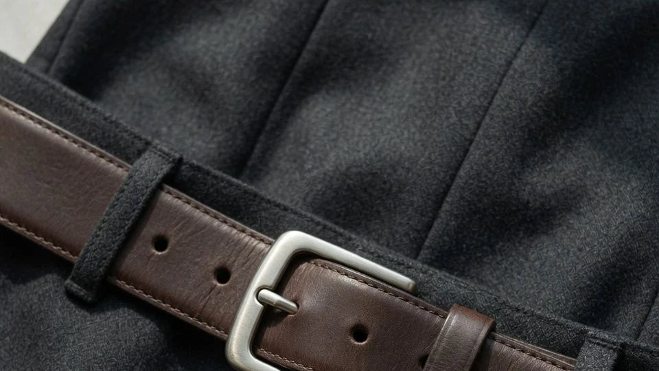 Close-up of a leather belt fitting on the middle hole through tailored trouser loops