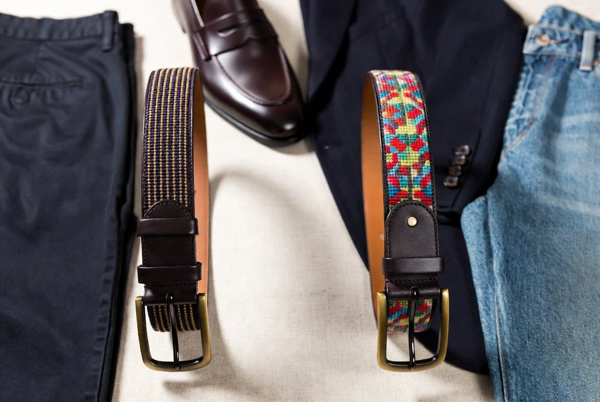 Two needlepoint belts compared by pattern subtlety and outfit versatility