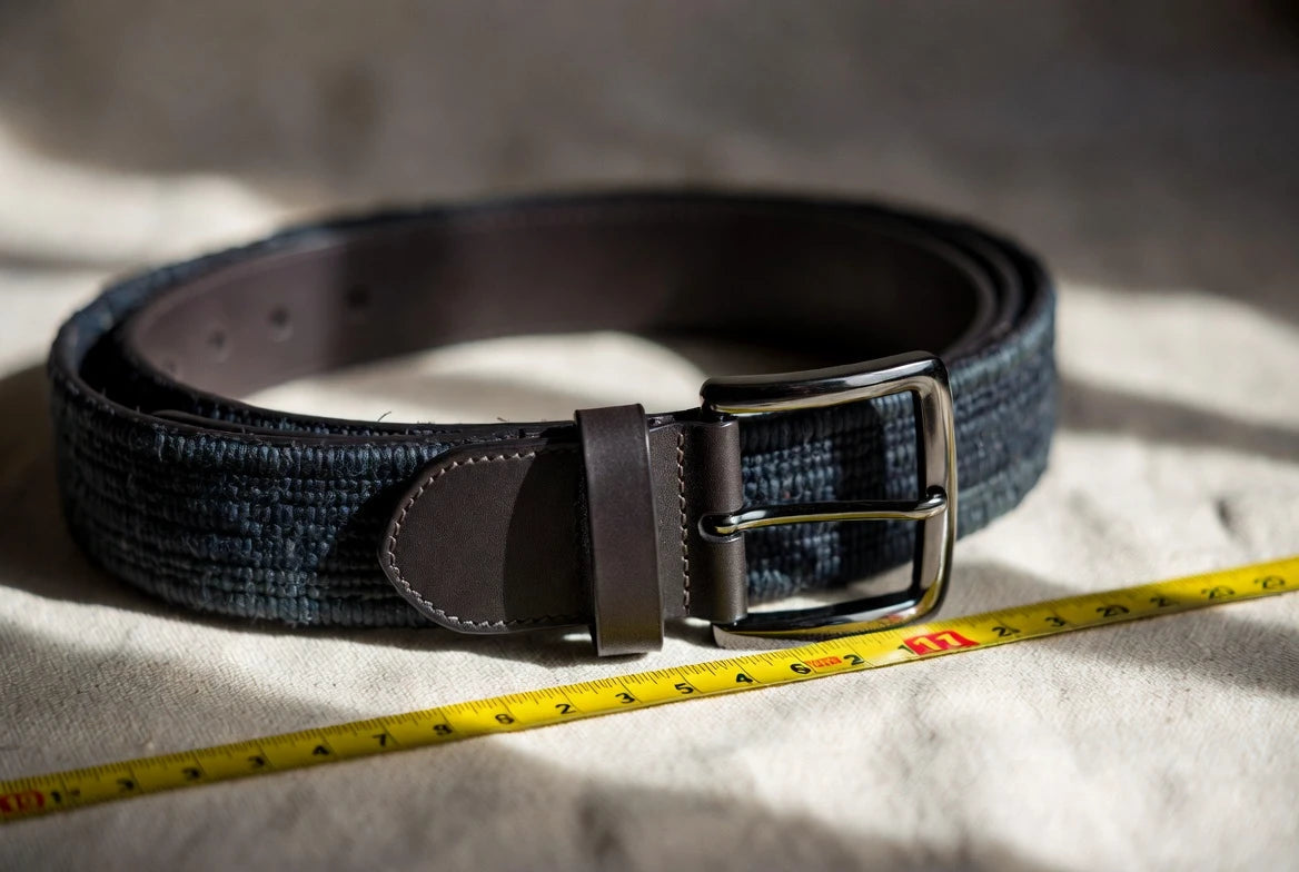 Needlepoint belt shown with measuring tape to illustrate width and fit details