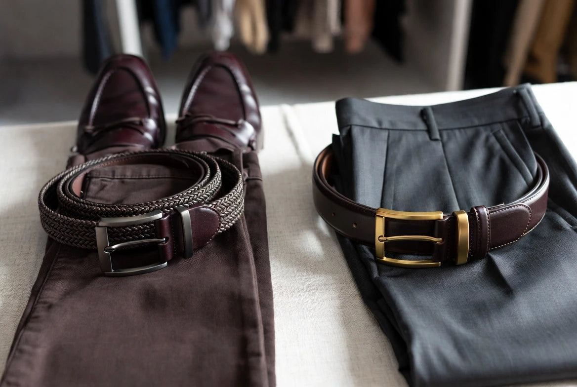 Needlepoint belt and plain leather belt compared across casual and dress outfits