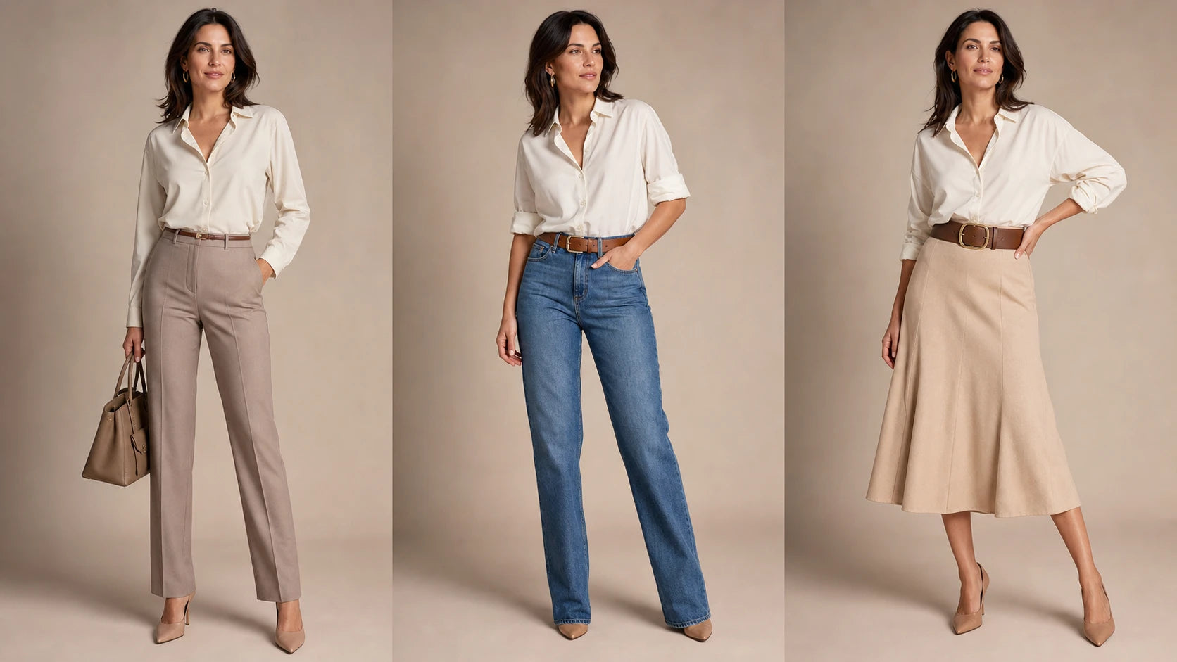 Outfit comparison showing how buckle size changes with belt width on different looks