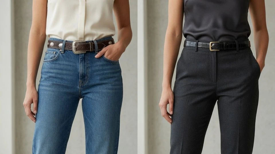 Side-by-side outfits showing when a western-inspired belt or reptile-texture belt works better