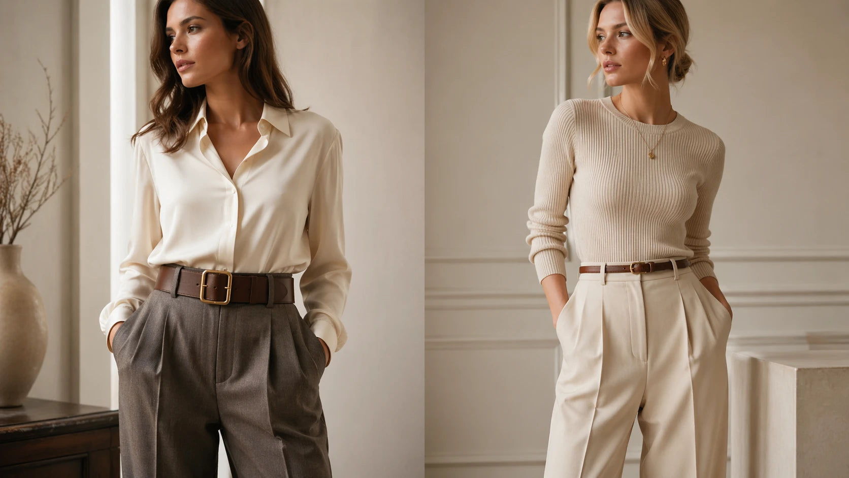 Comparison of wider and slimmer belt proportions with different trouser styles