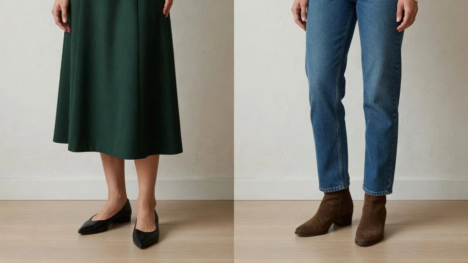 Comparison of a slim belt with a dress and a medium-width belt with jeans to show outfit proportion