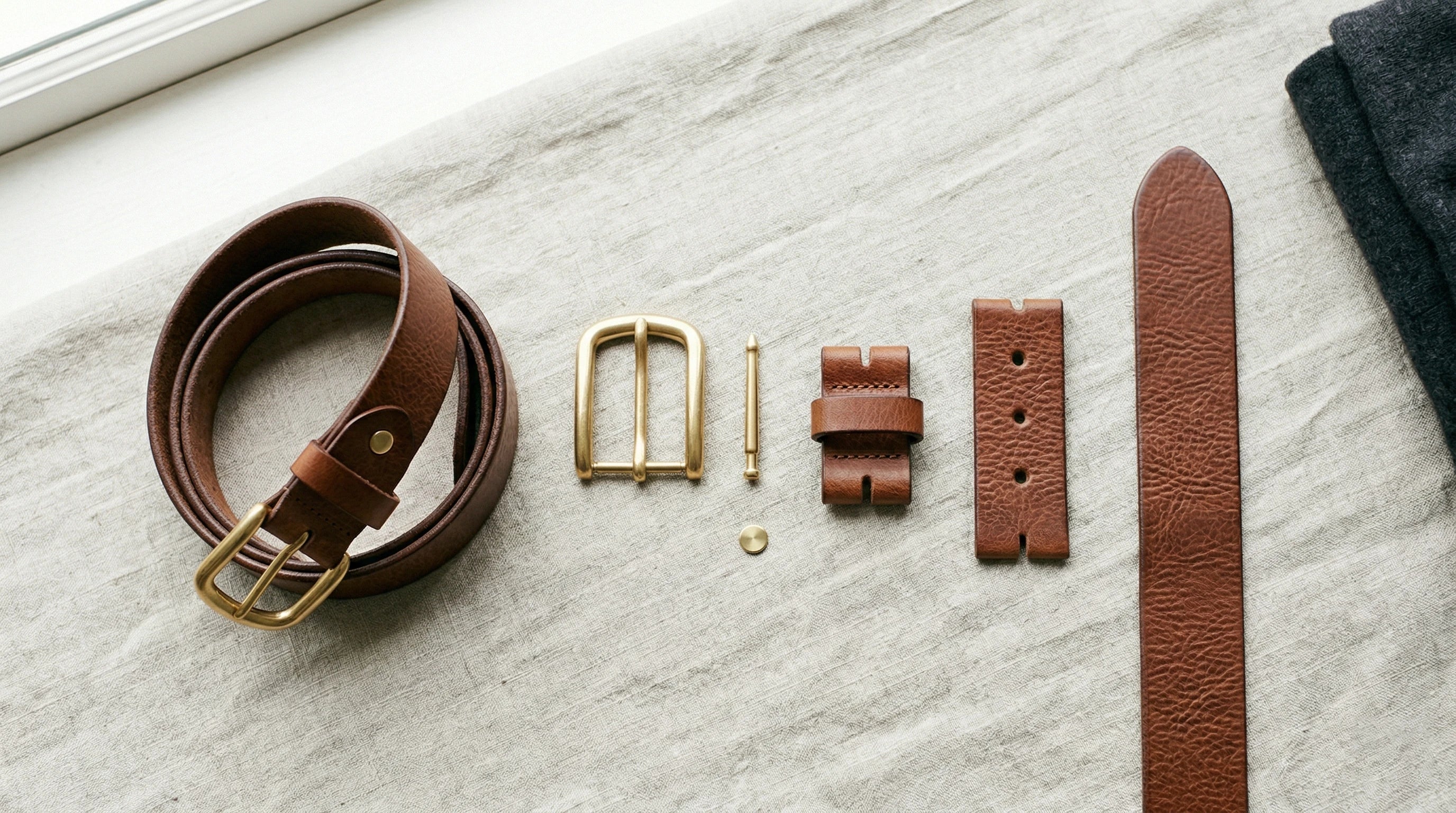 Parts of a leather belt including strap buckle prong holes and keeper