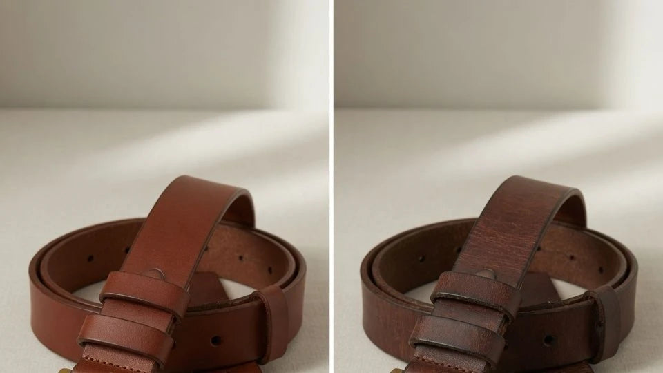 Full grain leather belt showing new finish beside a belt with developed patina