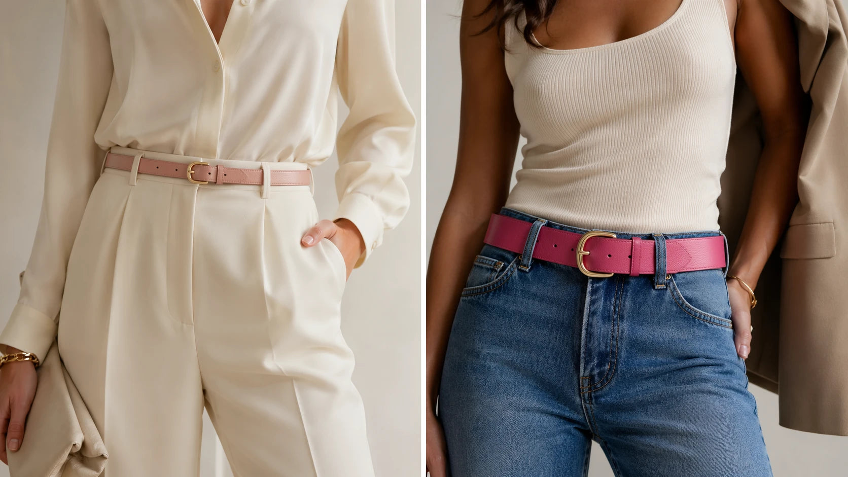 Muted pink slim belt with tailored trousers compared with brighter pink belt styled with jeans