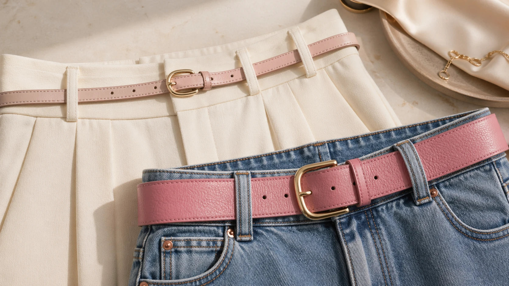 Comparison of slim and wider pink belts on cream trousers and denim for proportion checking