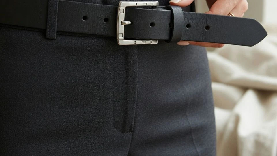 Women's leather belt fastened at the middle hole with clean fit on tailored trousers