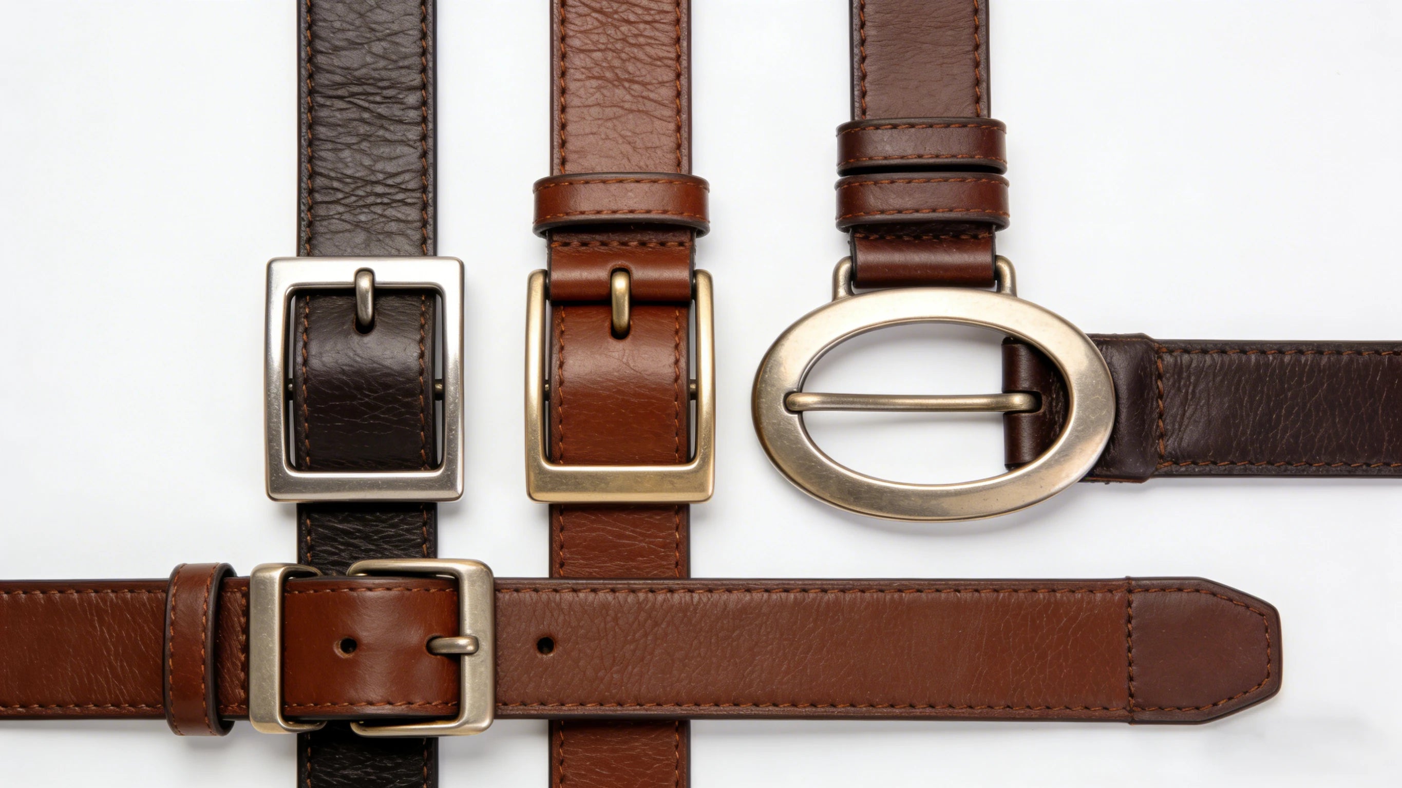 Leather belts fastened neatly to show how belt buckles should work