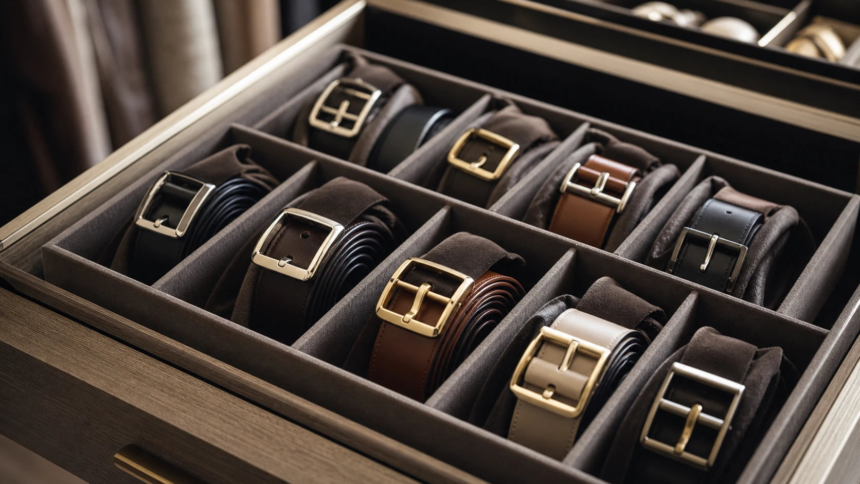 Women's leather belts stored in a divided tray to protect buckle finish and belt shape