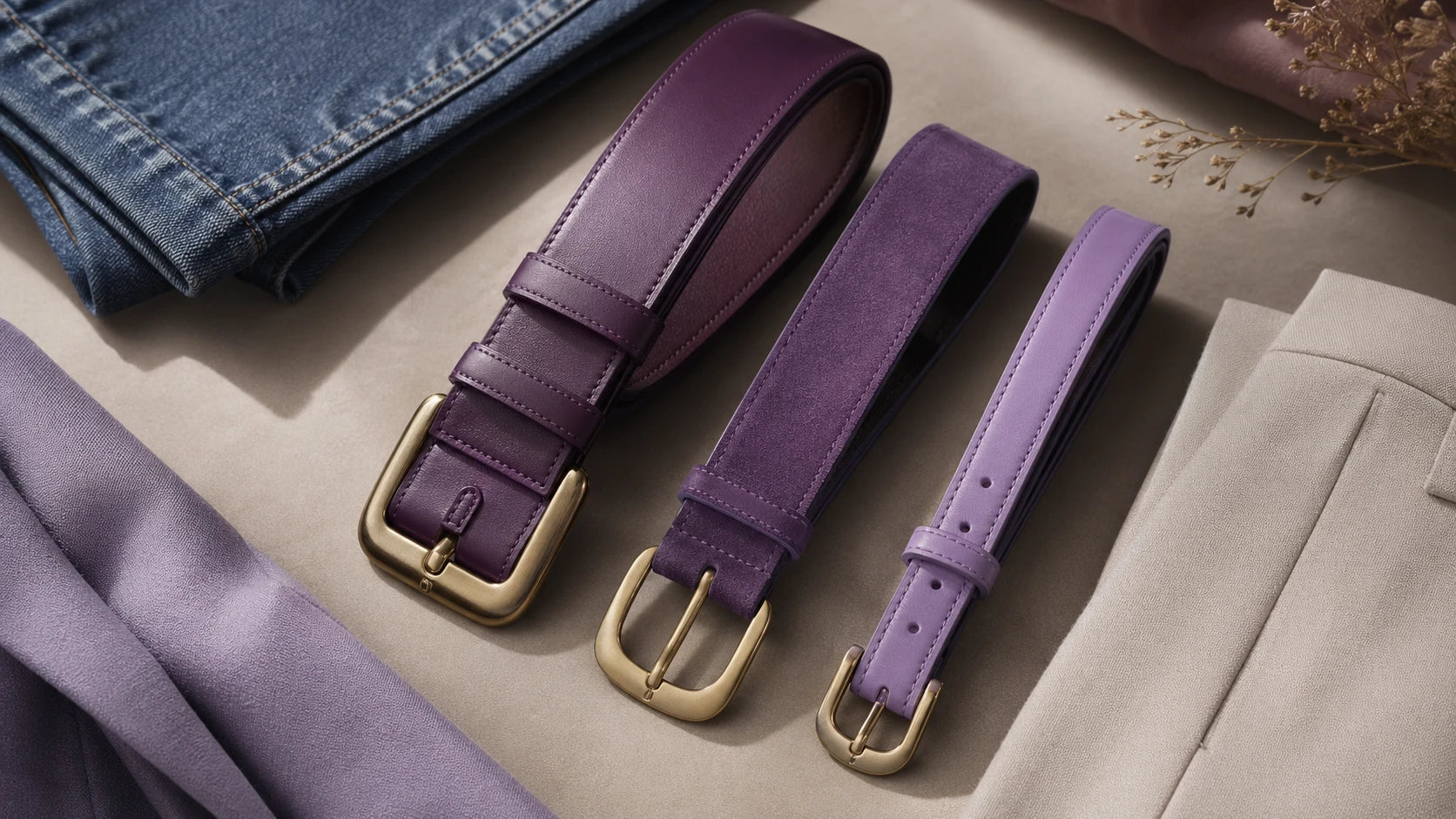 Comparison of purple belts in different shades and widths beside jeans and trousers