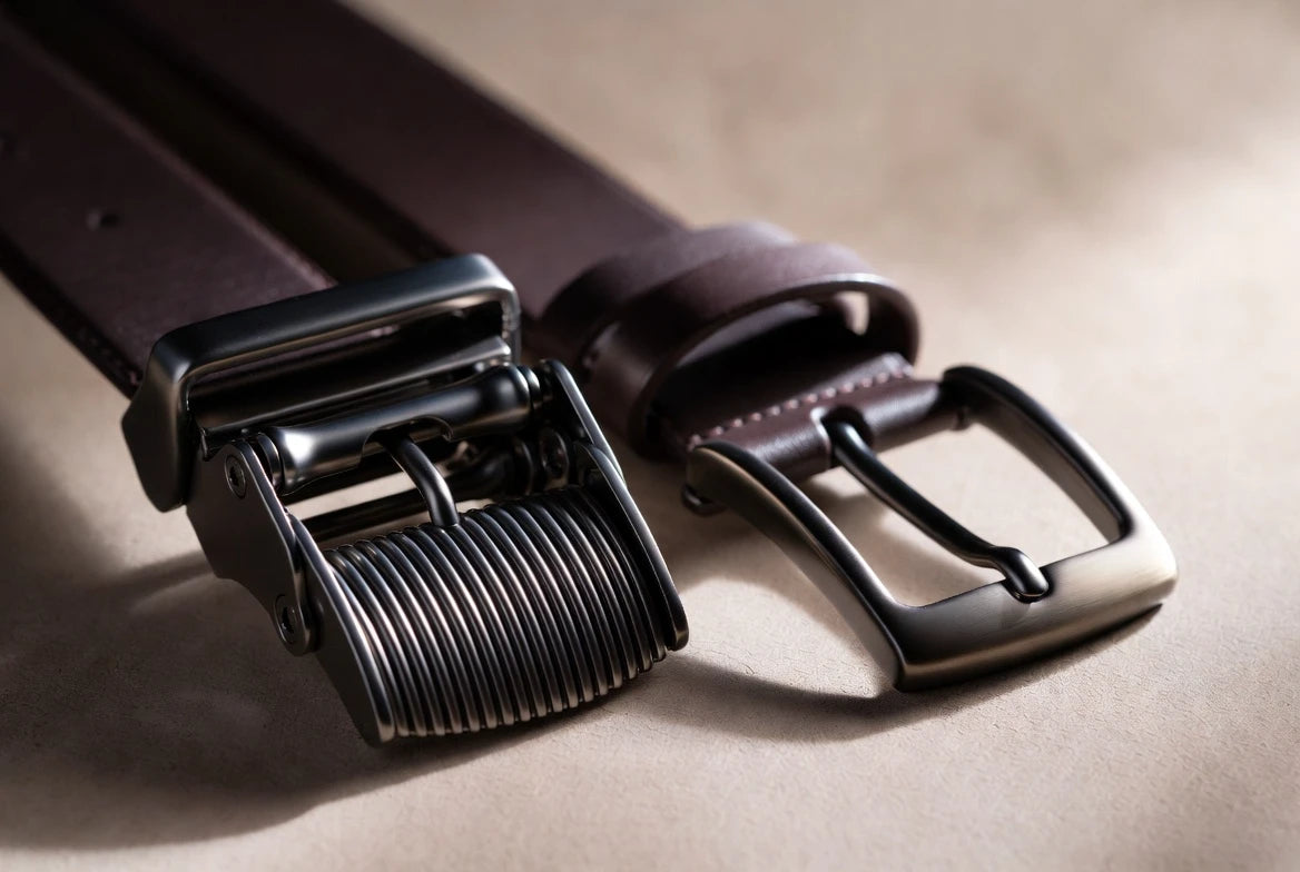 Close-up comparison of a ratchet belt buckle mechanism and a traditional pin buckle