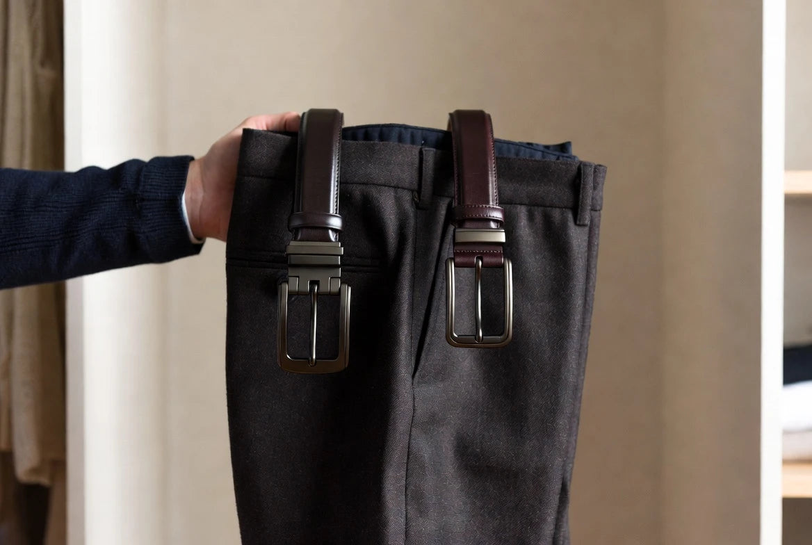 Side-by-side visual comparison of a ratchet belt and a classic leather dress belt with trousers