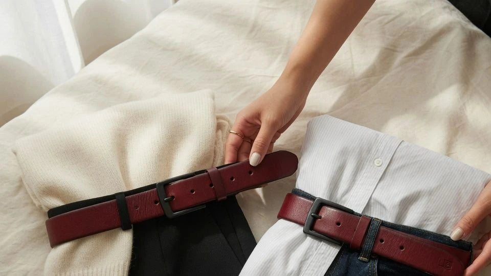A dark red belt styled with tailored trousers and denim to show balanced outfit proportion