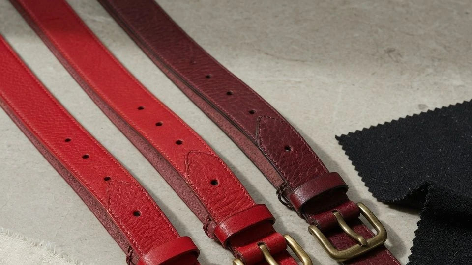Comparison of bright red and burgundy leather belts against neutral wardrobe fabrics