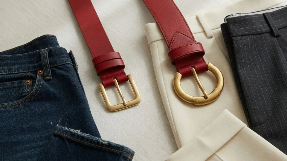 Comparison of medium and wide red belts with different buckle scales for outfit balance