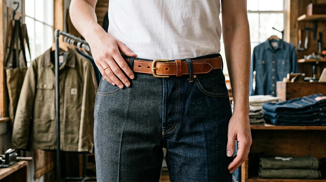 Slim leather belt styled for everyday wear compared with utility workwear context