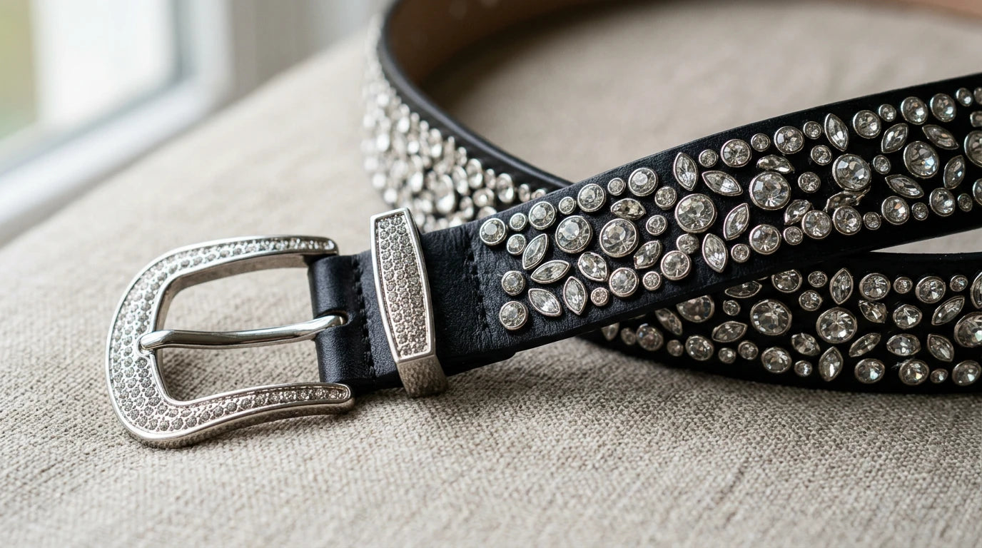 Rhinestone belt with crystal detail and polished buckle shown in close-up