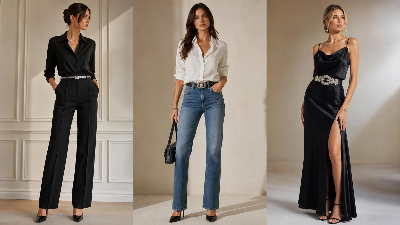 Three outfit scenarios showing how rhinestone belt width and shine change the overall balance