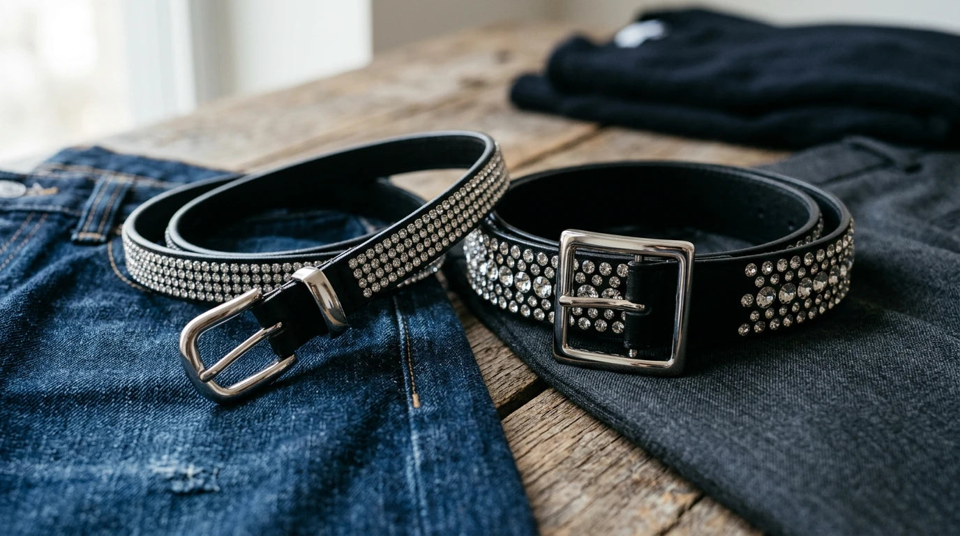 Rhinestone belts in different widths styled with denim and tailored fabric