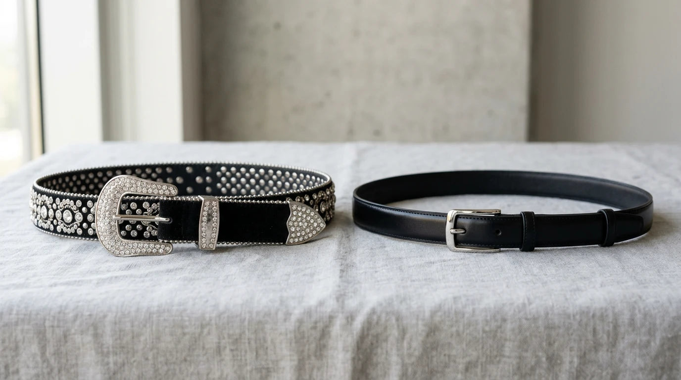 Rhinestone belt compared with a slim regular leather belt