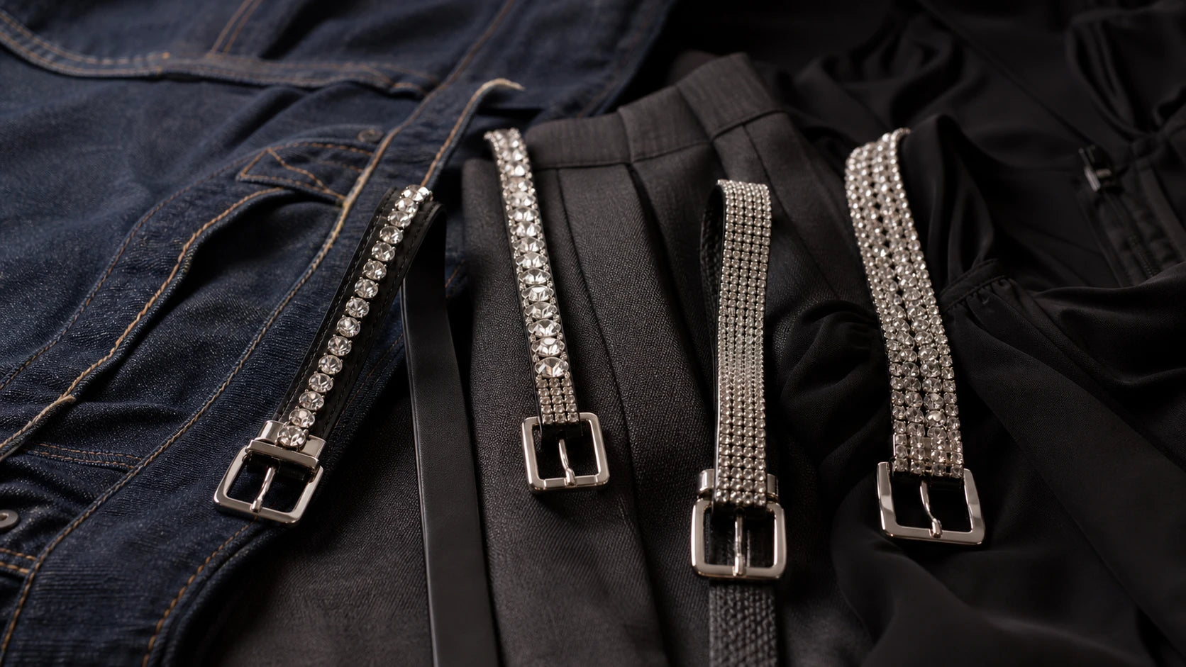 Slim and medium-width rhinestone belts compared across denim, trousers, and a black dress