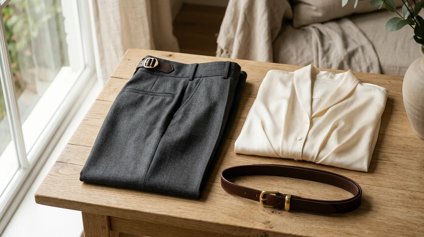 Tailored trousers with side adjusters compared with a slim leather belt