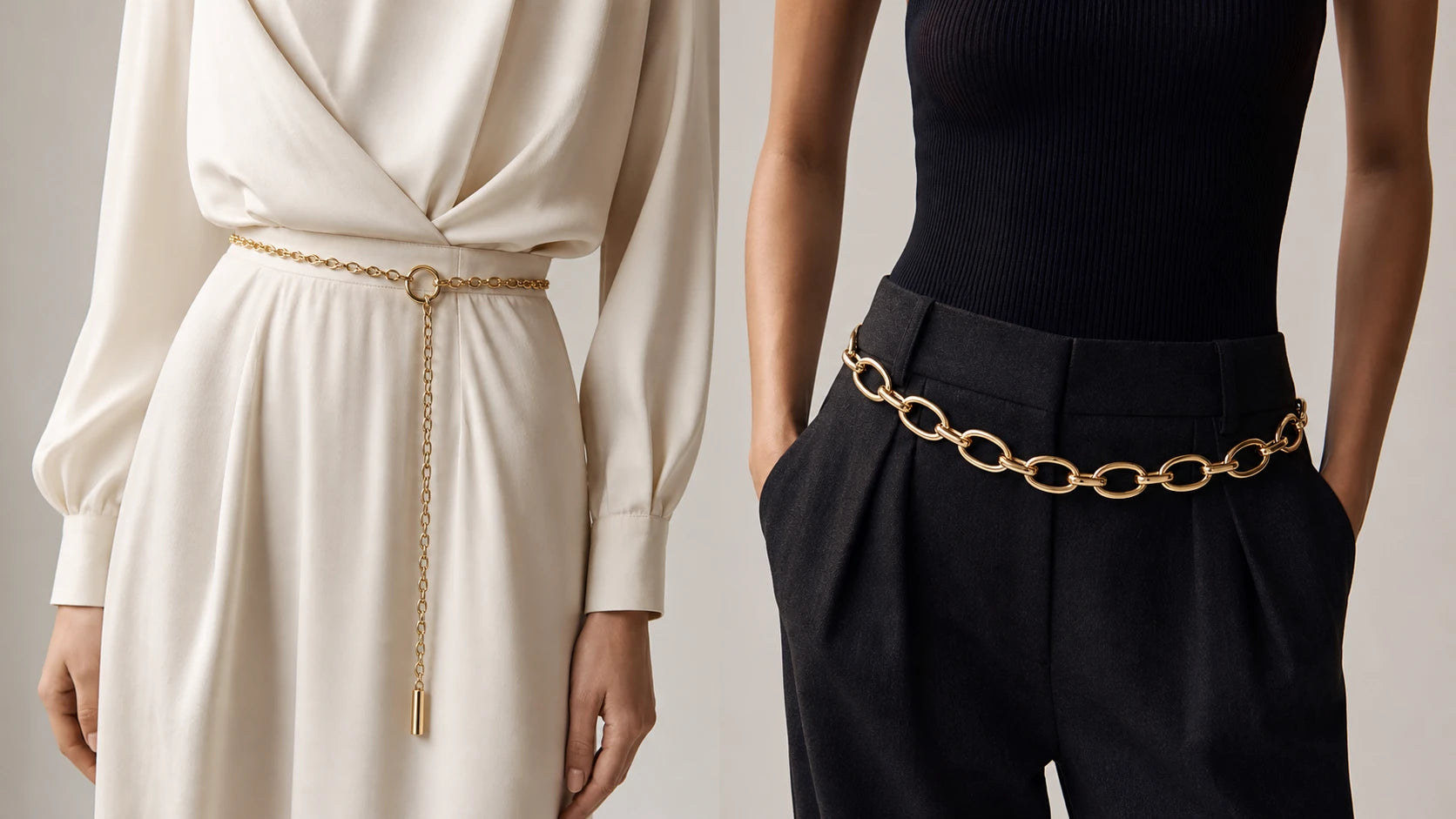 Comparison of a gold chain belt worn at the waist versus the hips to show proportion differences