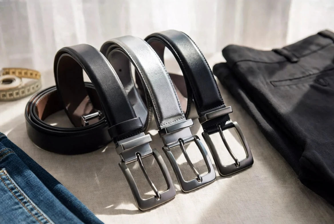 Comparison of silver belt styles including silver-tone hardware and metallic strap finishes