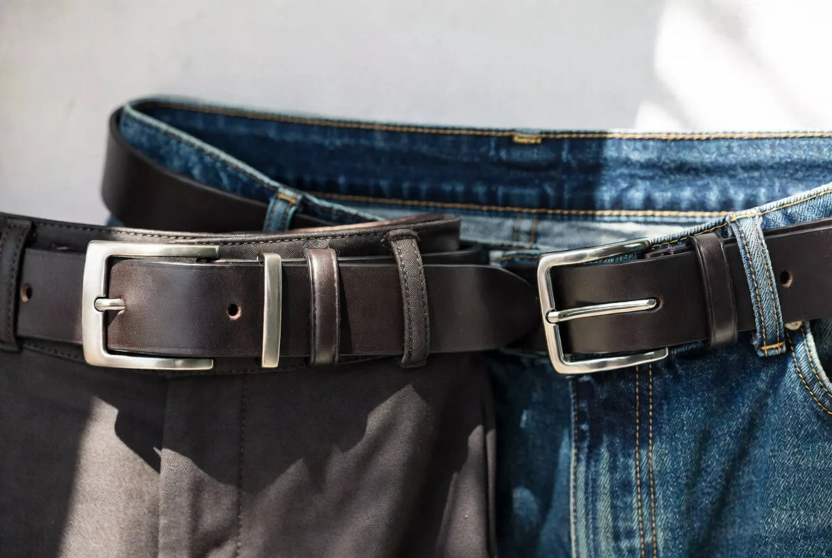 Silver belt width and buckle scale comparison on tailored trousers and denim