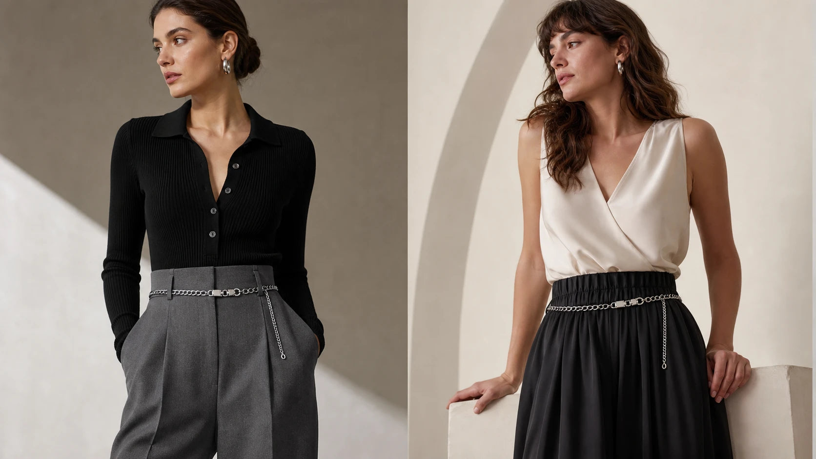 Comparison of a silver chain belt on structured trousers versus a soft elastic waistband