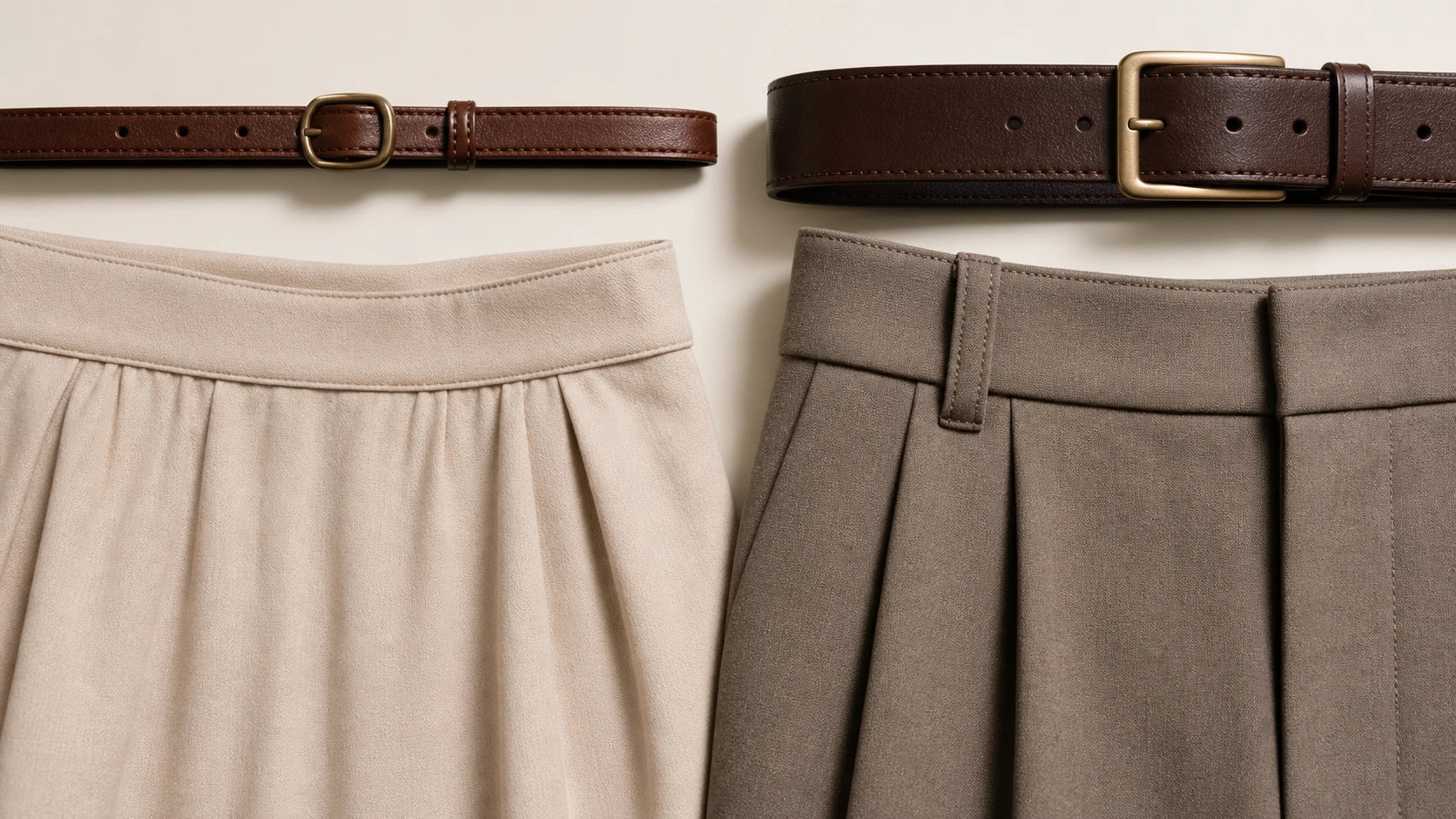 Comparison of slim and medium belt widths against soft and structured skirt waistbands