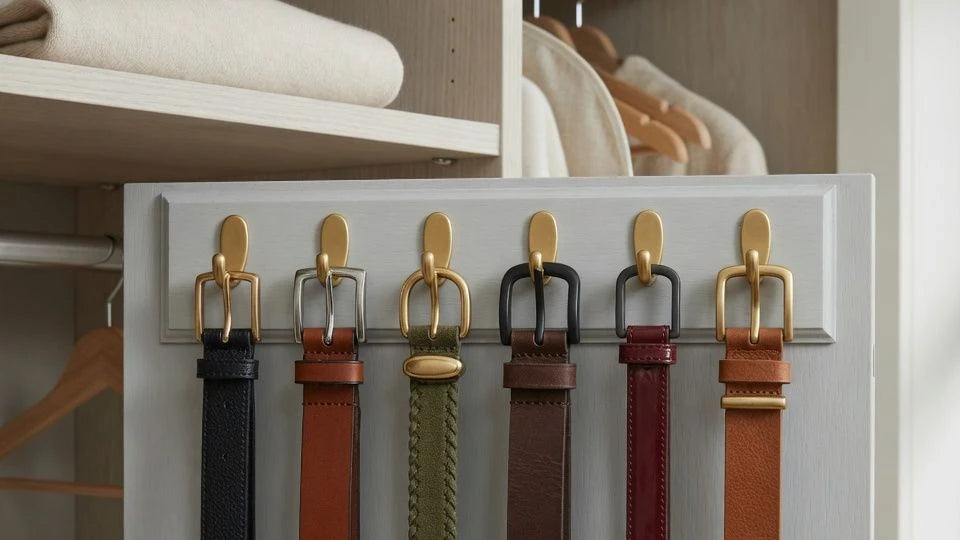 Slim and medium-width women's belts hanging with proper spacing on a closet belt hanger