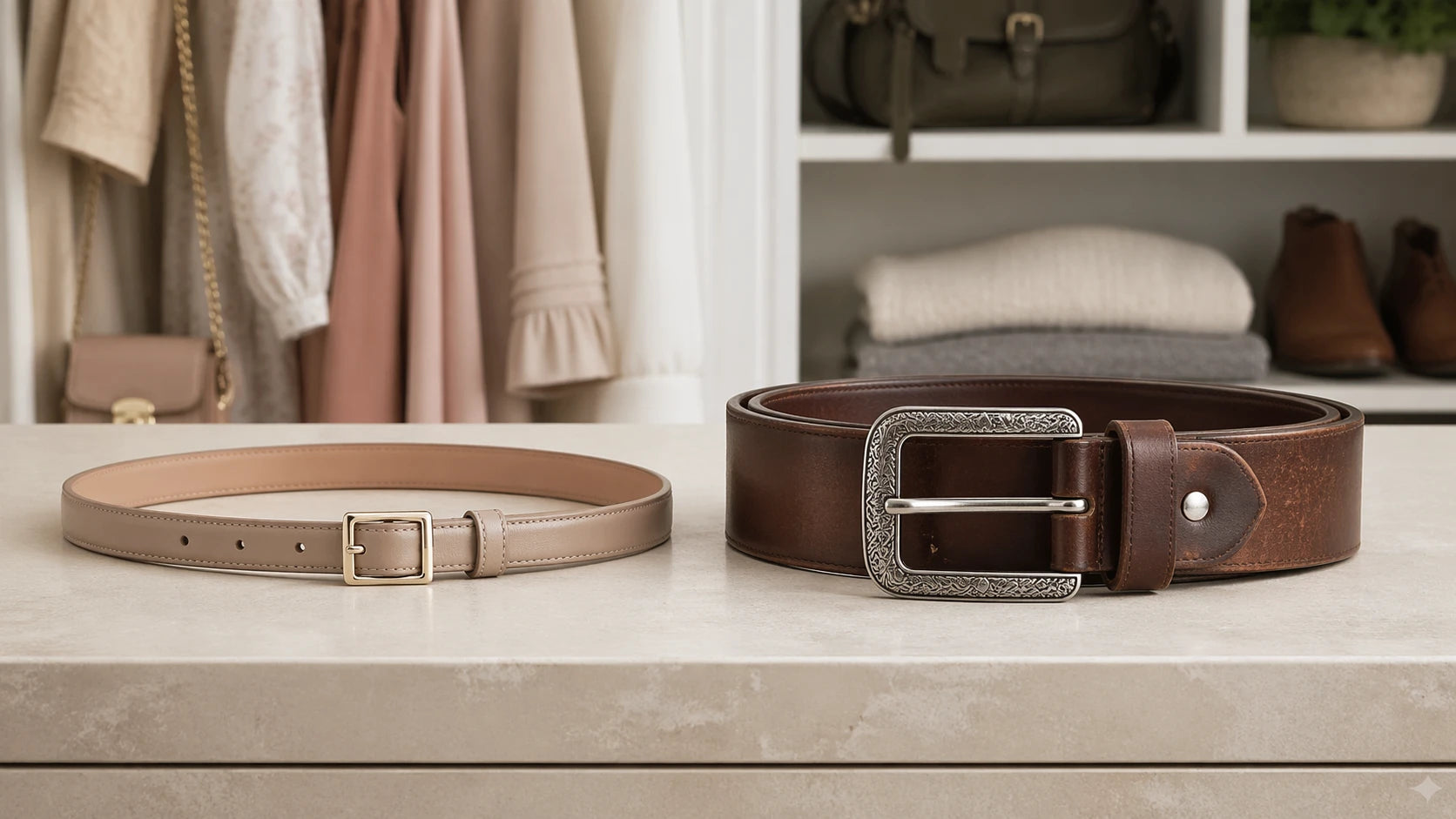 Comparison of slim dress belt and wider casual belt with different buckle scales