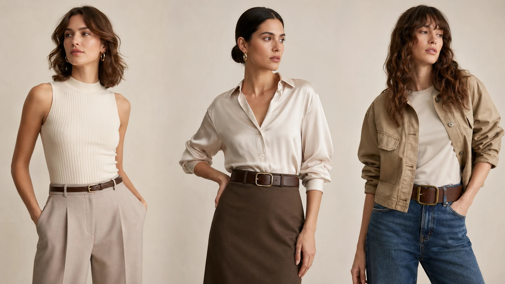 Slim, dress, and casual belts compared on trousers, jeans, and a skirt