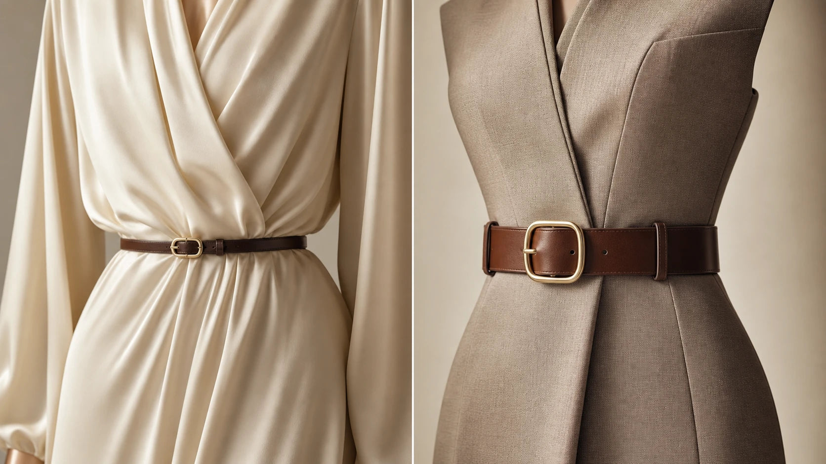 Slim and medium belts compared against soft and structured dresses to show width suitability