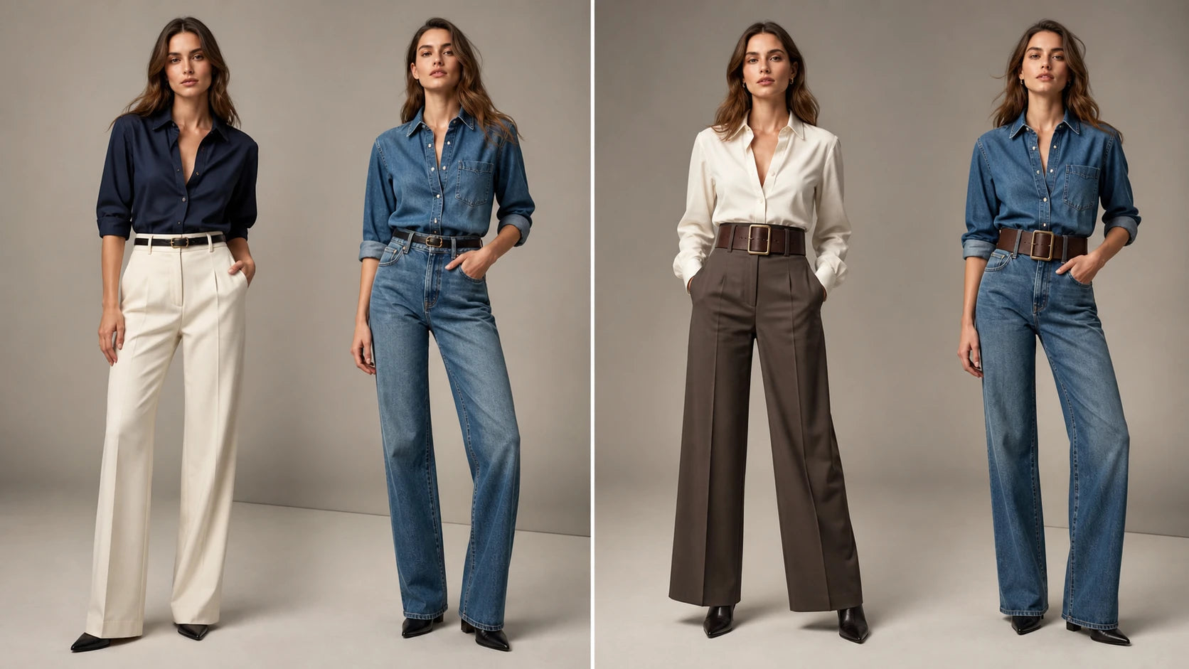 Side by side comparison of slim and wider belts on women's tailored and casual outfits