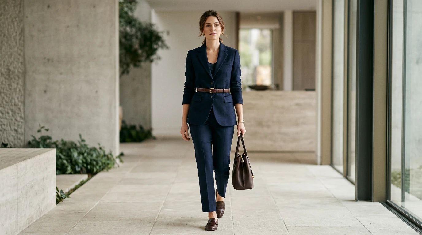 Women’s slim waist belt styled over a tailored blazer and trousers
