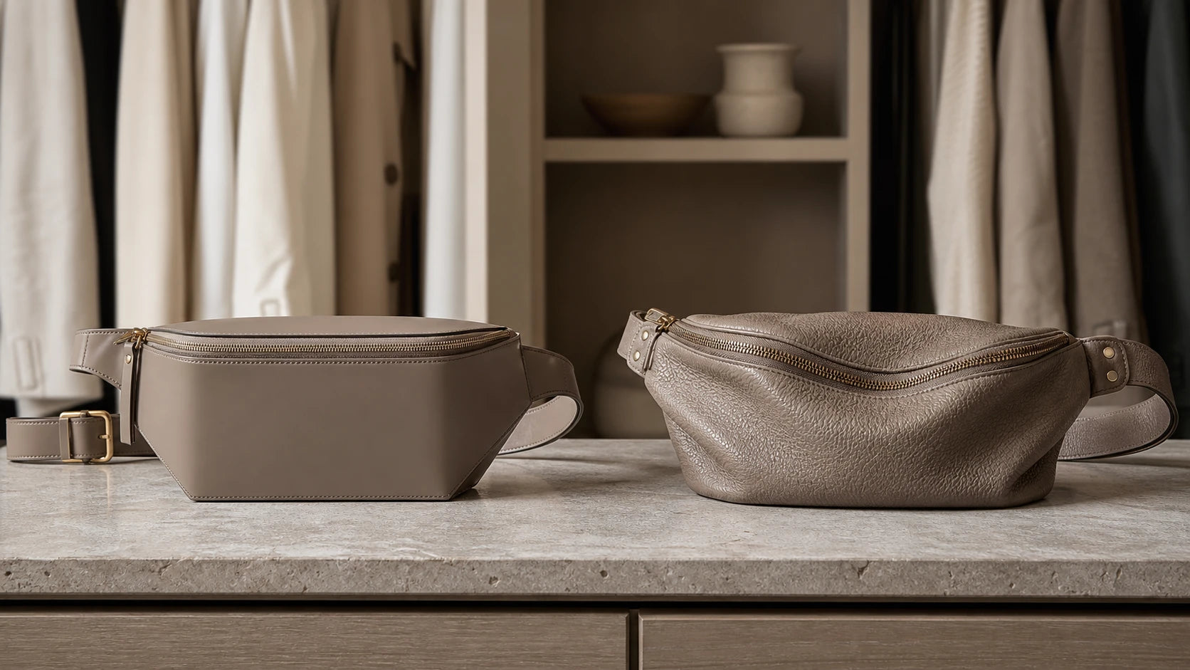 Comparison of smooth structured and pebbled leather belt bag materials