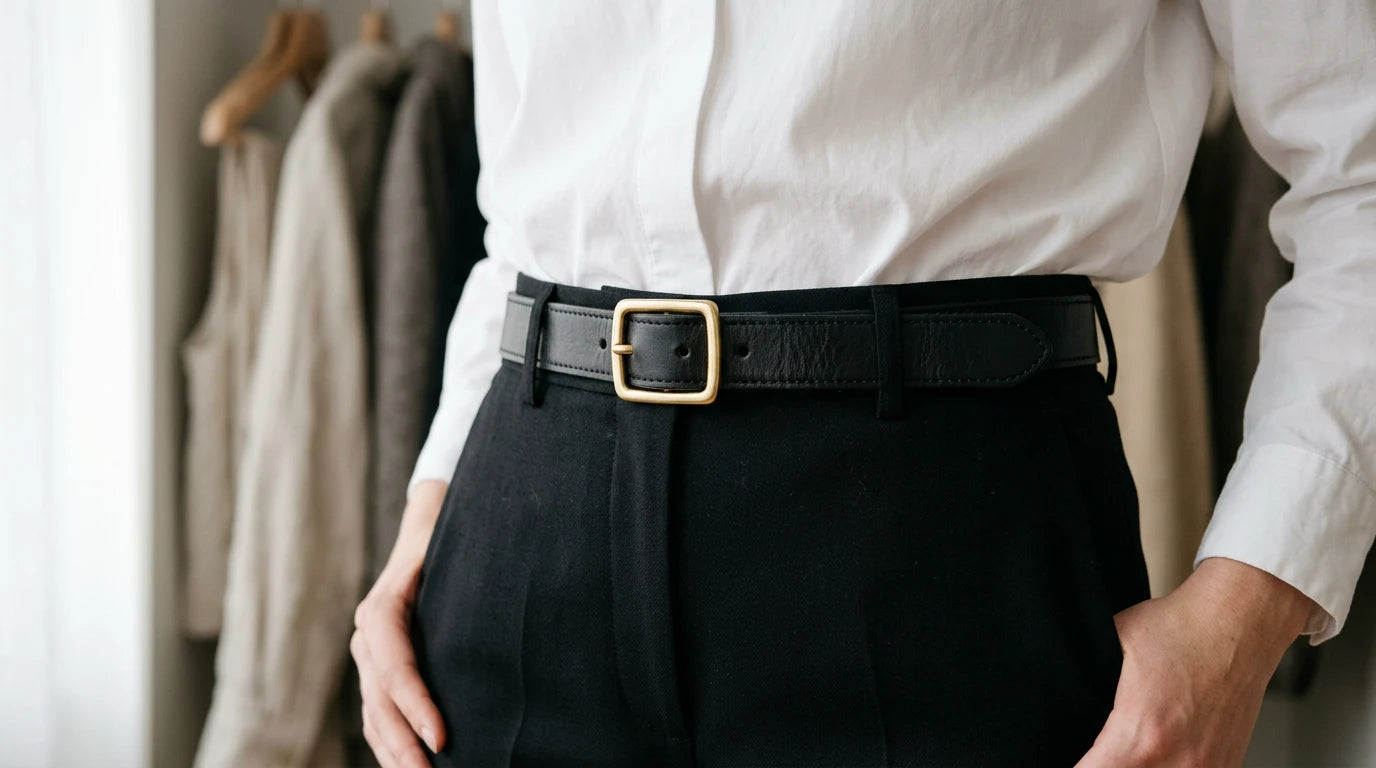 Women’s slim leather belt with a polished square buckle styled with tailored trousers