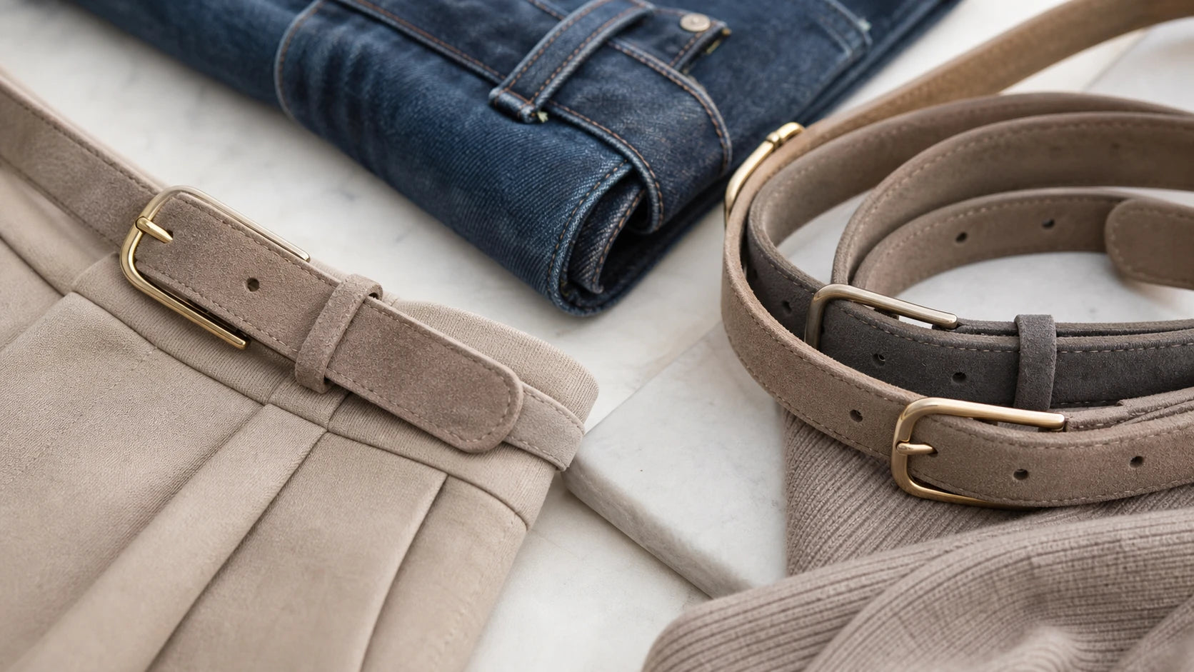 Close-up comparison of slim and medium suede belts beside denim and tailored trousers