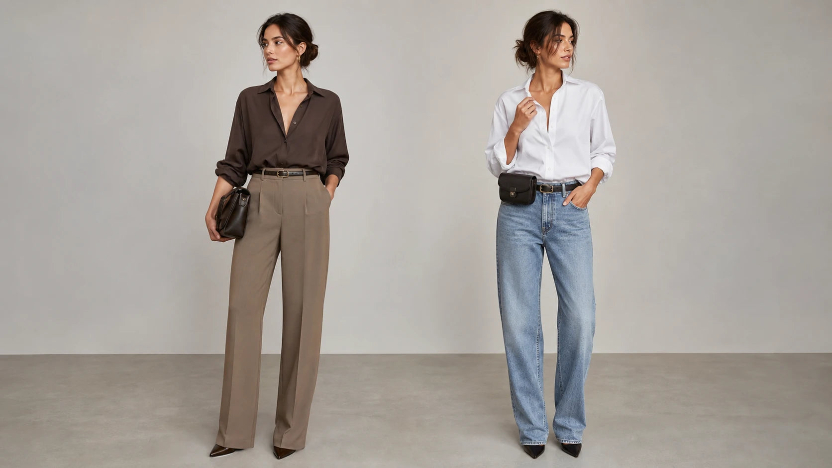 Side-by-side comparison of a tailored outfit with a slim belt and a casual outfit with a belt bag