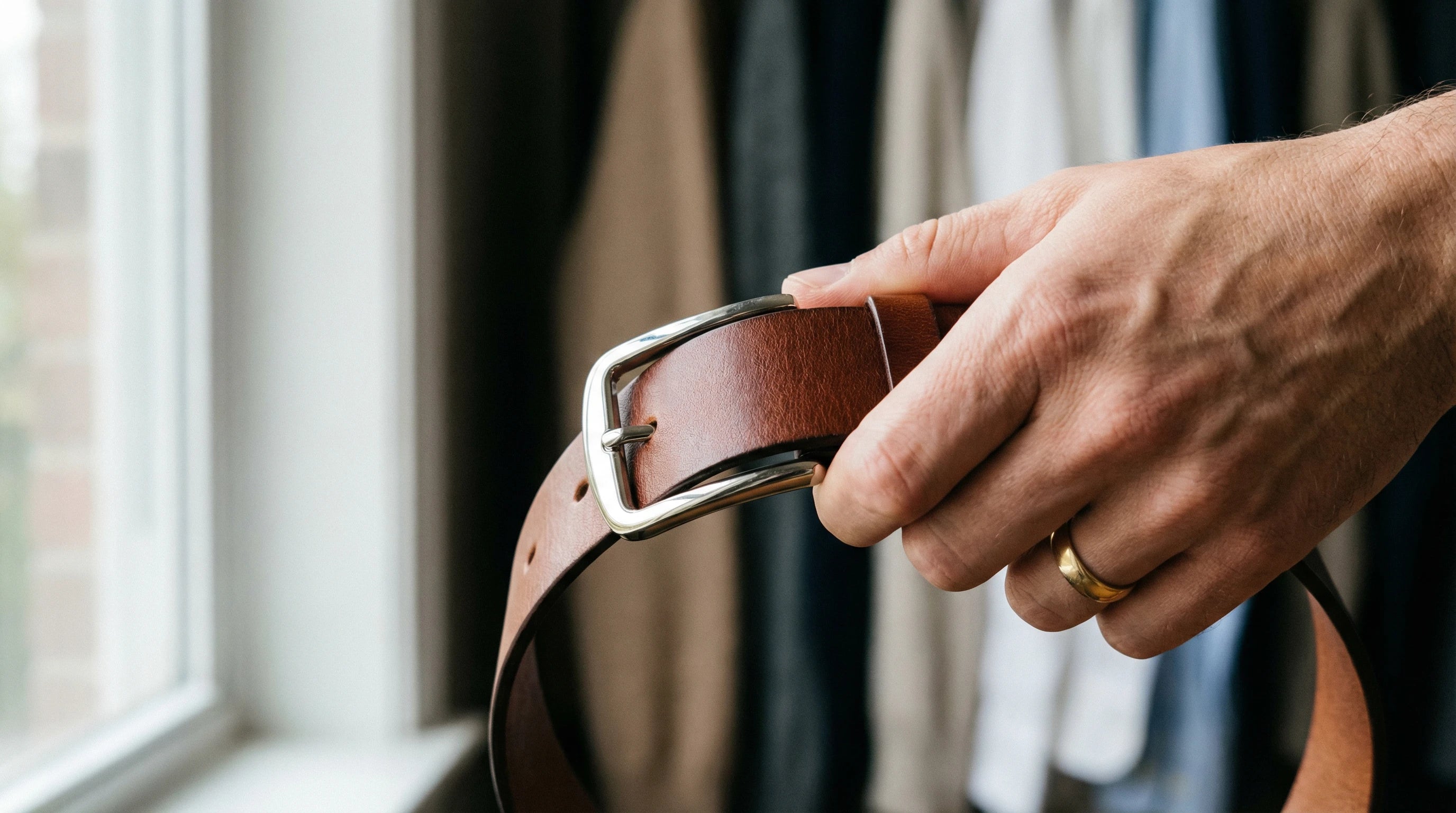 Leather belt being threaded through a polished buckle