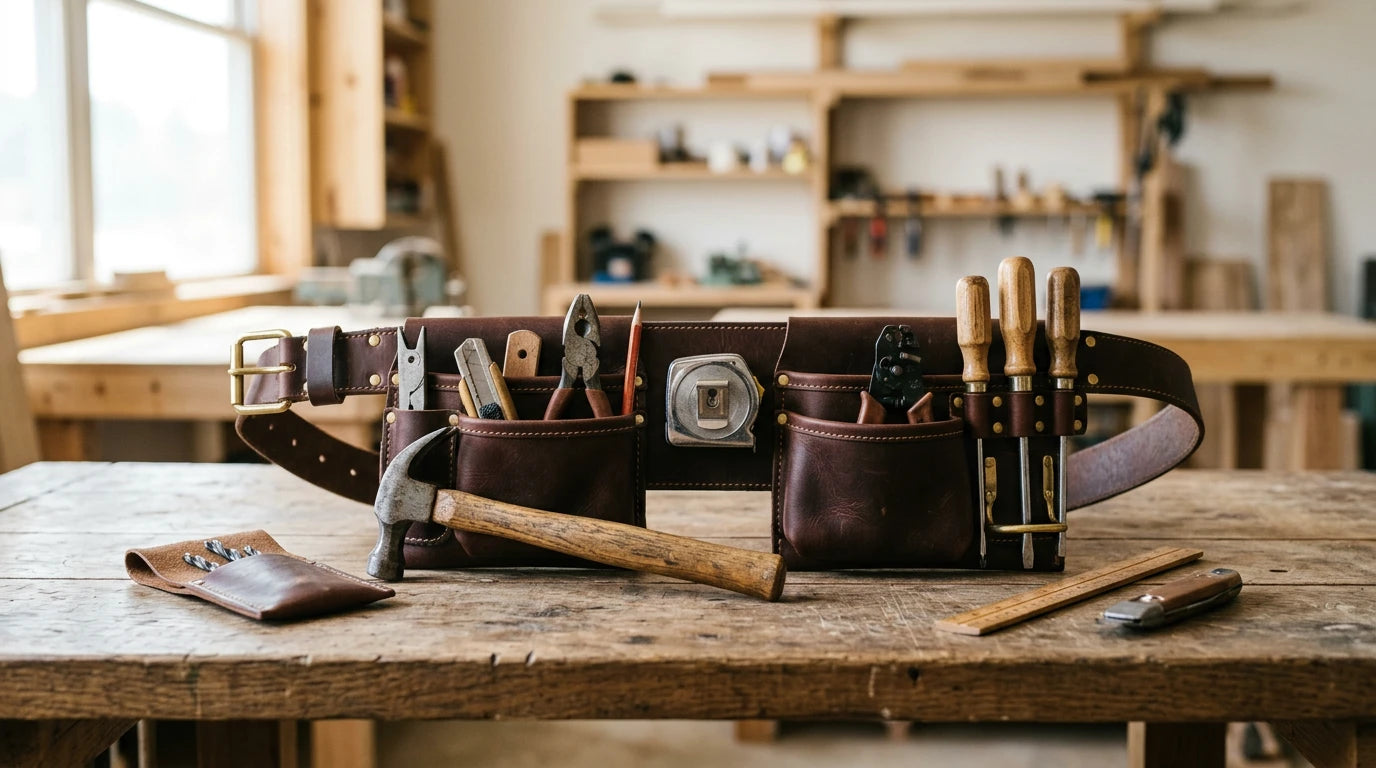 Tool belt with pouches loops and tools shown in detail