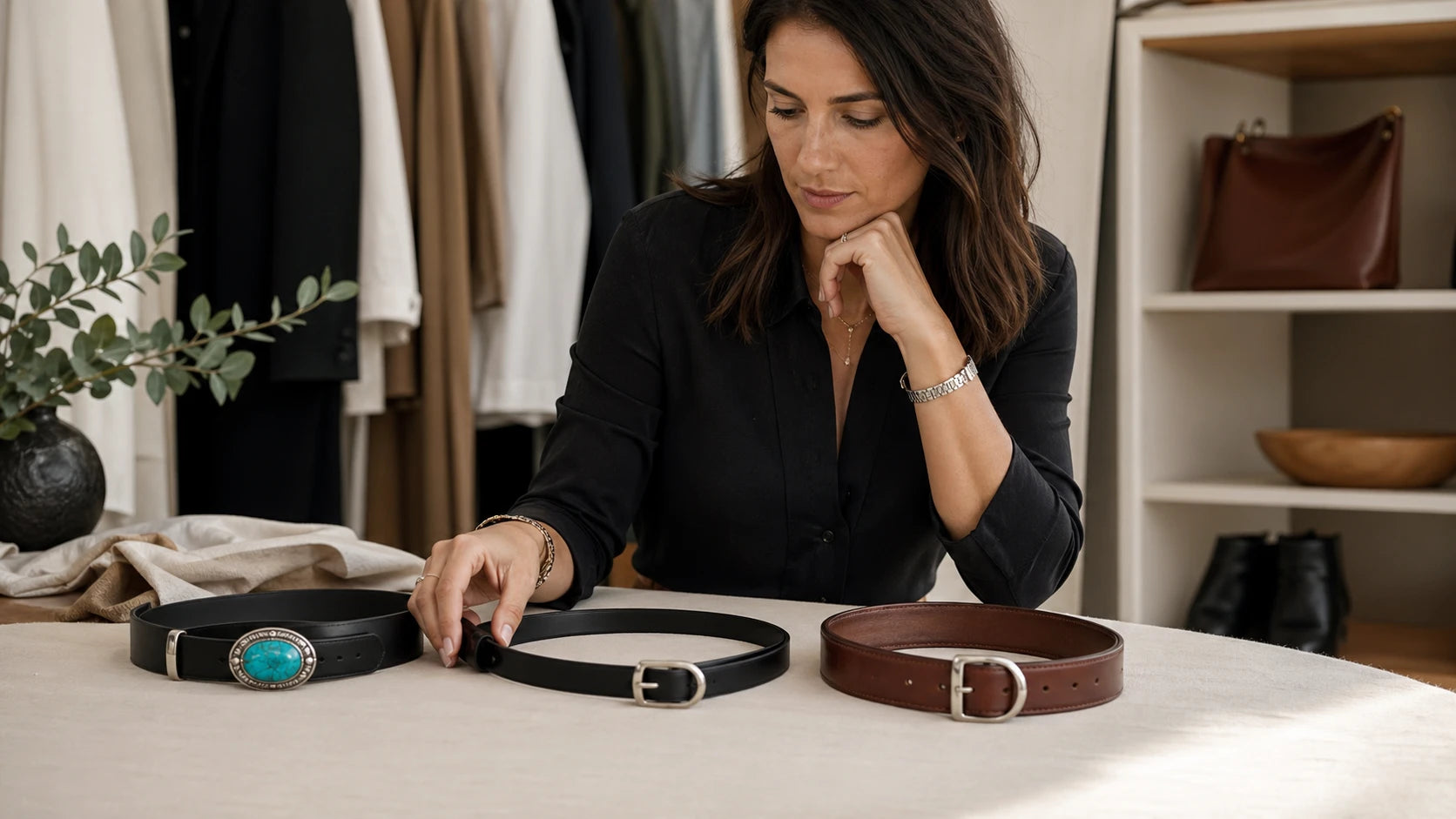 Woman comparing belt options before choosing a turquoise buckle