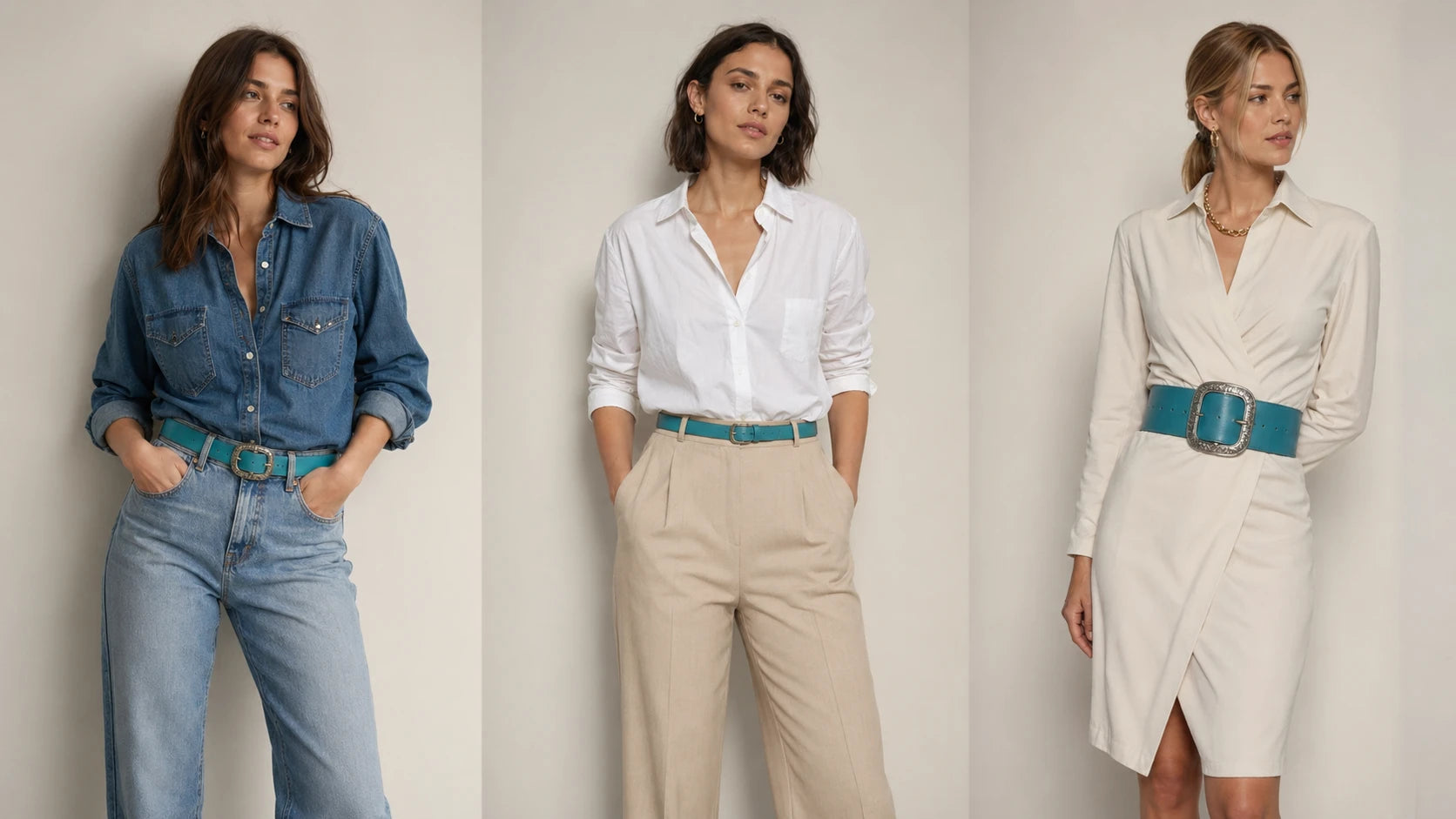 Side by side comparison of turquoise buckle styling with jeans trousers and dresses