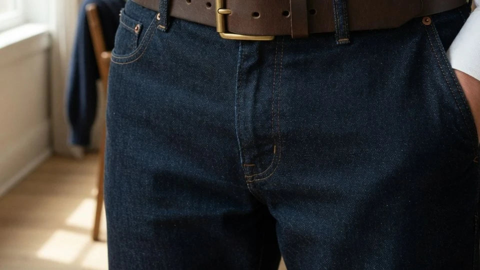 Utility-inspired leather belt sitting level on dark denim with a neat buckle fit