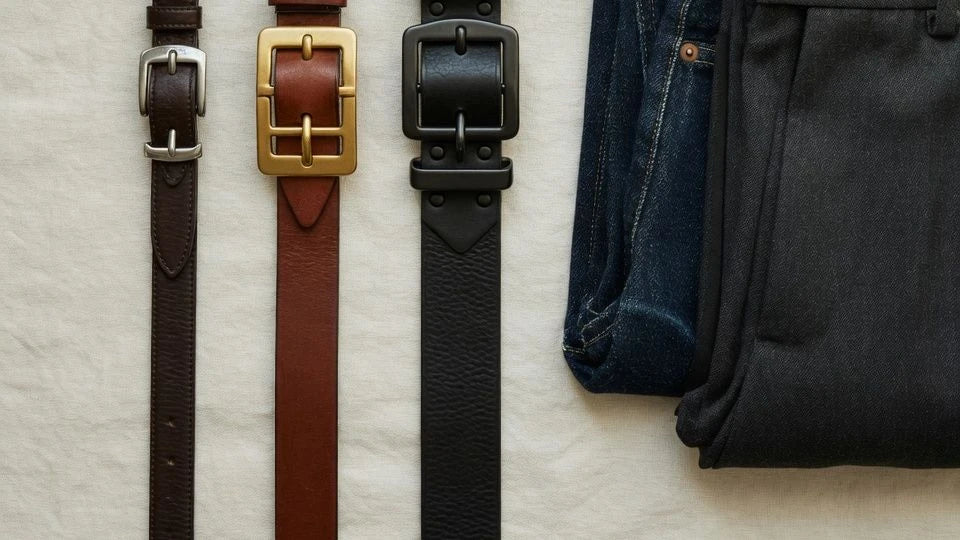 Comparison of narrow, medium, and wide utility-inspired belts with jeans and tailored trousers